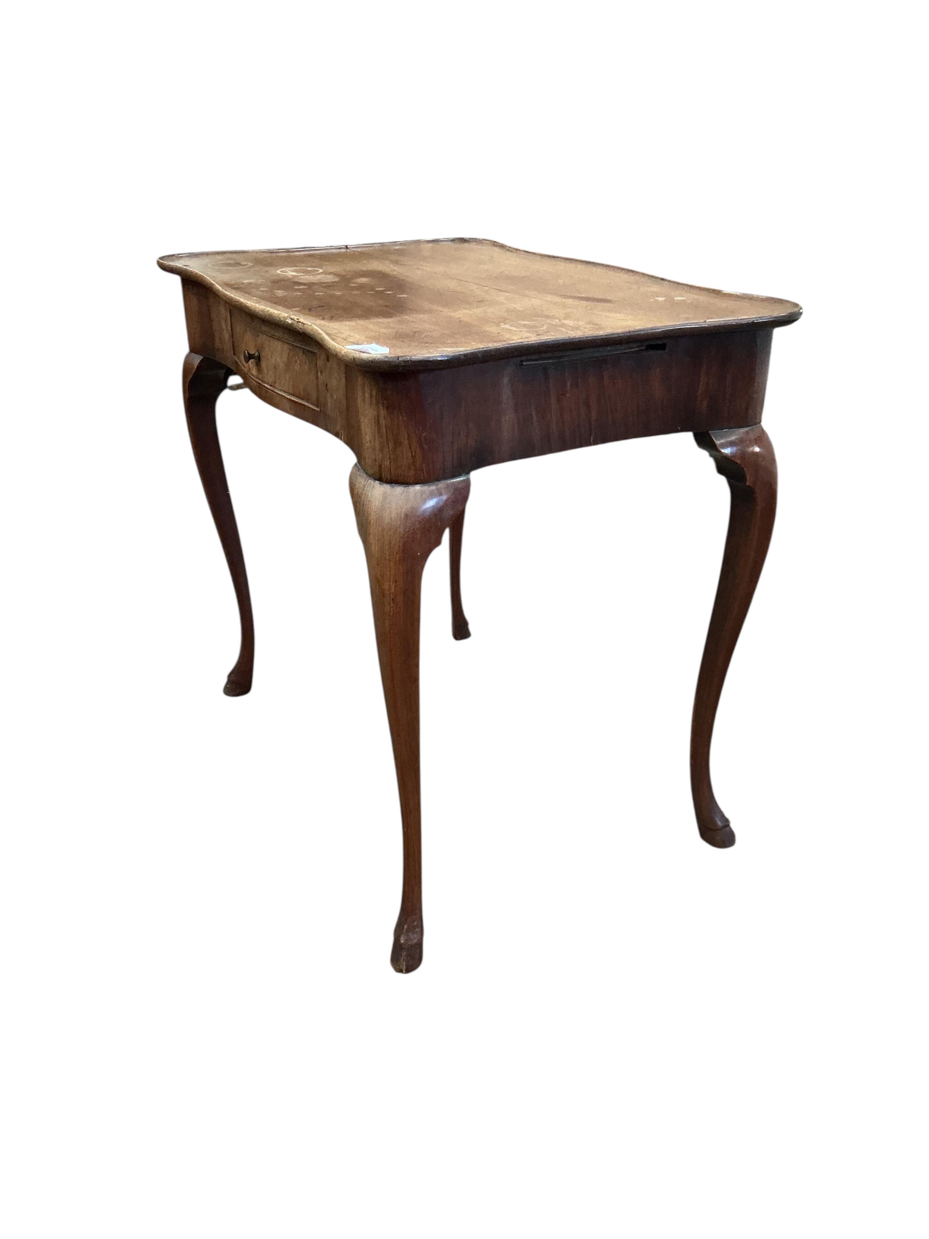 An 18th century rectangular mahogany serpentine side table, fitted with a single drawer, on cabriole legs, width 78cm, depth 53cm, height 72cm